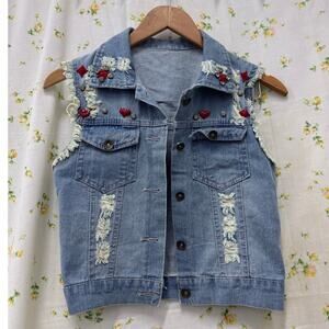 Love‎ Jeans Upcycle Valentine Romantic Unique Denim Vest